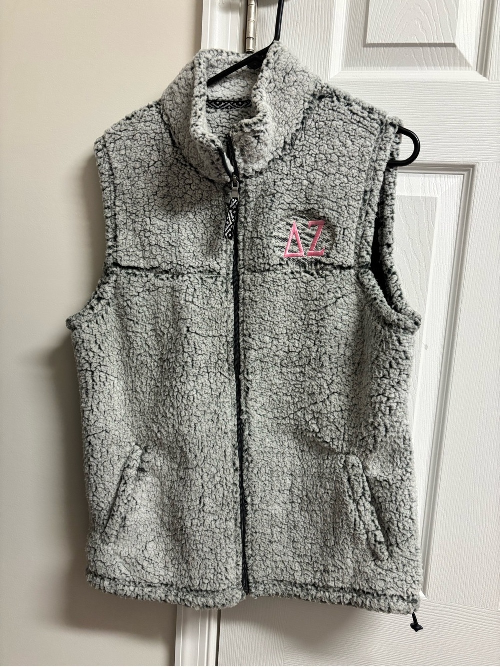 Light Gray Sherpa Vest with Pink Delta Zeta Embroidery